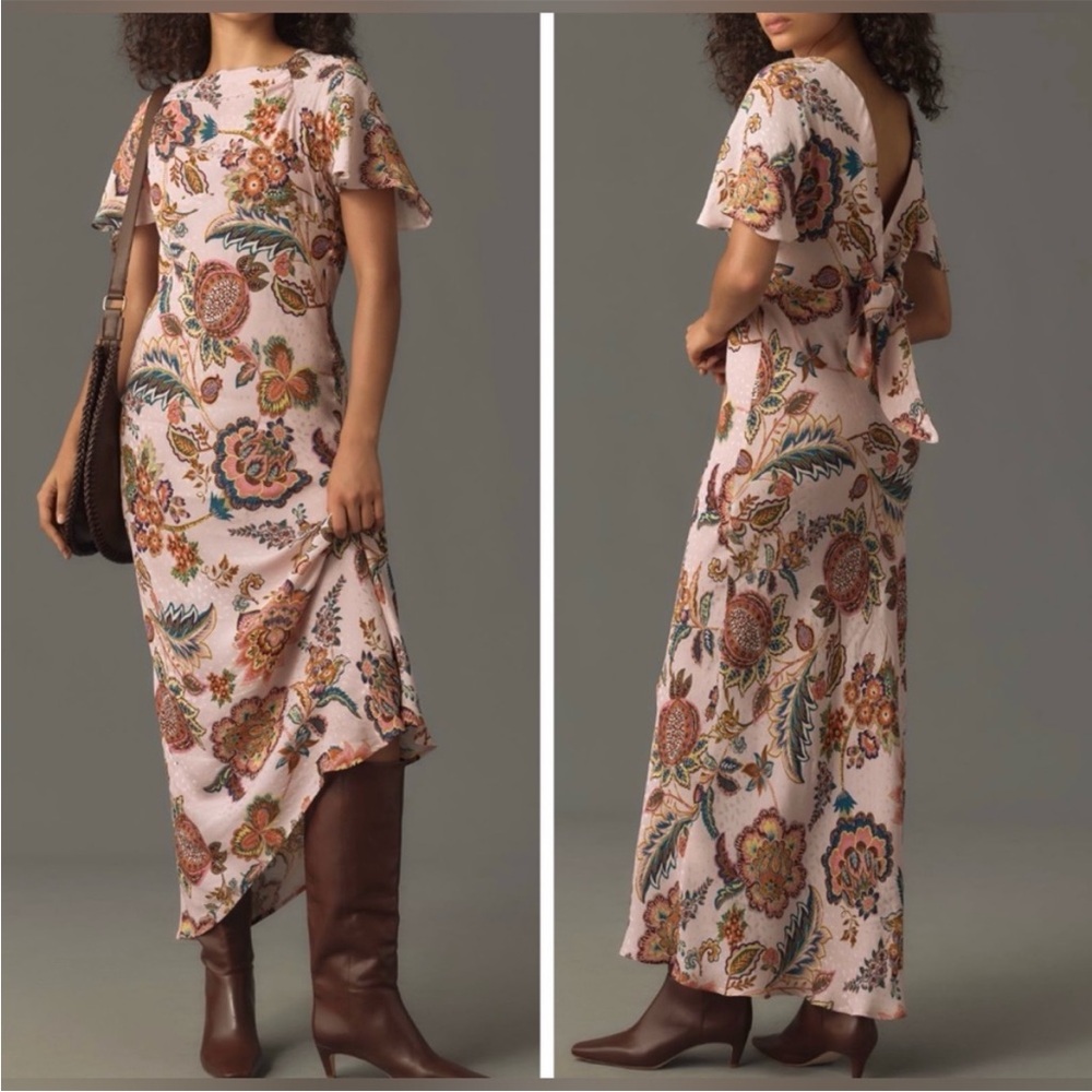 Anthropologie Pink Floral Maxi Dress with Green & Brown Motif